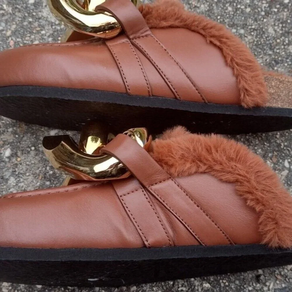 JW Anderson Leather Loafer Shearling Lined Gold Chain Brown Italy  NWOT - Picture 6 of 12